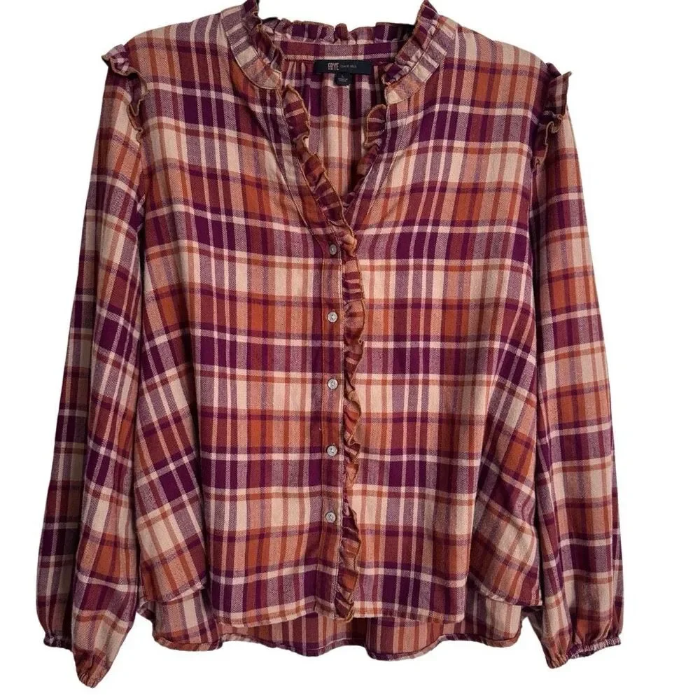 FRYE Ruffle Placket Plaid Button Down Flannel Shirt L - Picture 2 of 7